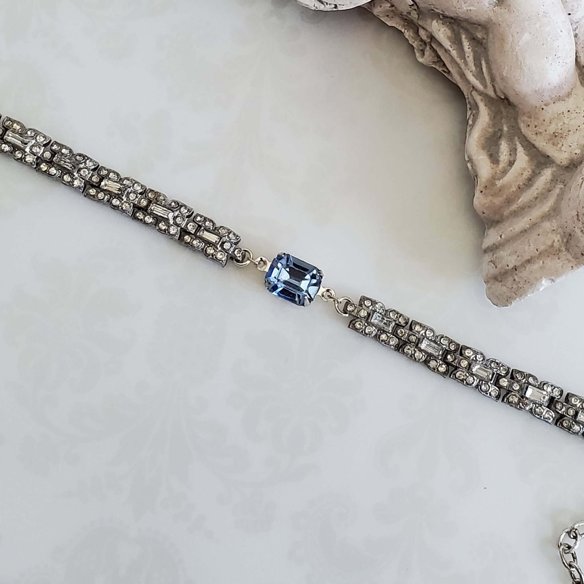 Dainty Rhinestone Bridal Bracelet with a Blue Stone Accent