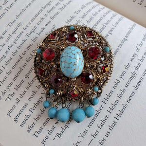 Elegant Red Rhinestone and Turquoise Blue Brooch