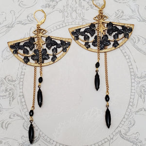 Fan Earrings in Black and Gold with Chain Drops