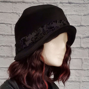 Women's Cloche Bucket Hat in Black Wool Felt