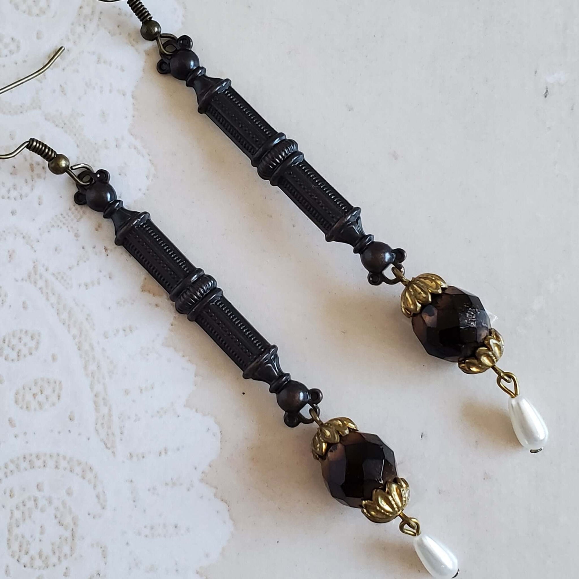 Neoclassical Column Earrings with Brown Capped Beads and a Teardrop Pearl