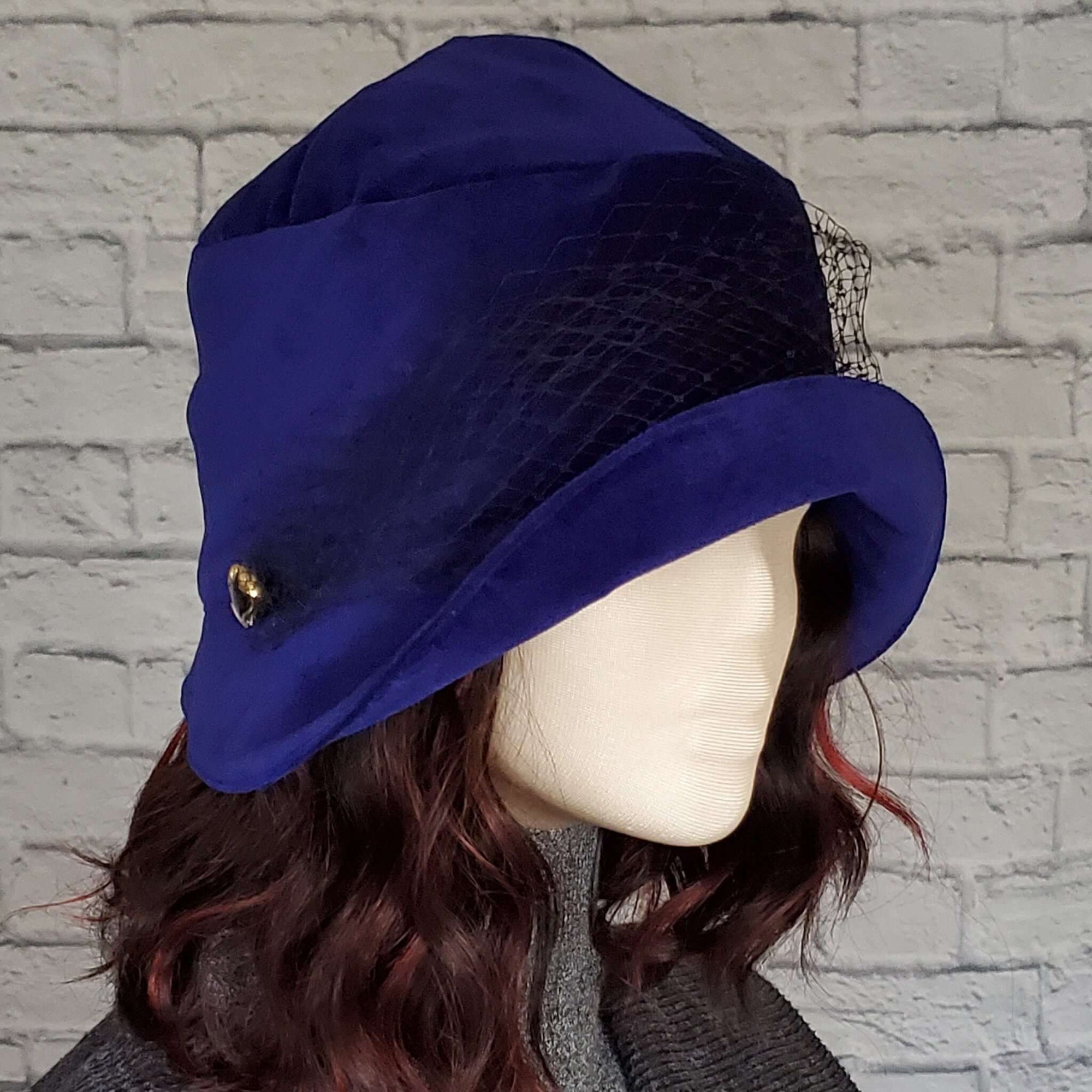 Indigo Blue Velvet Cloche Hat with Black Tulle Veil  and vintage Button Detail
