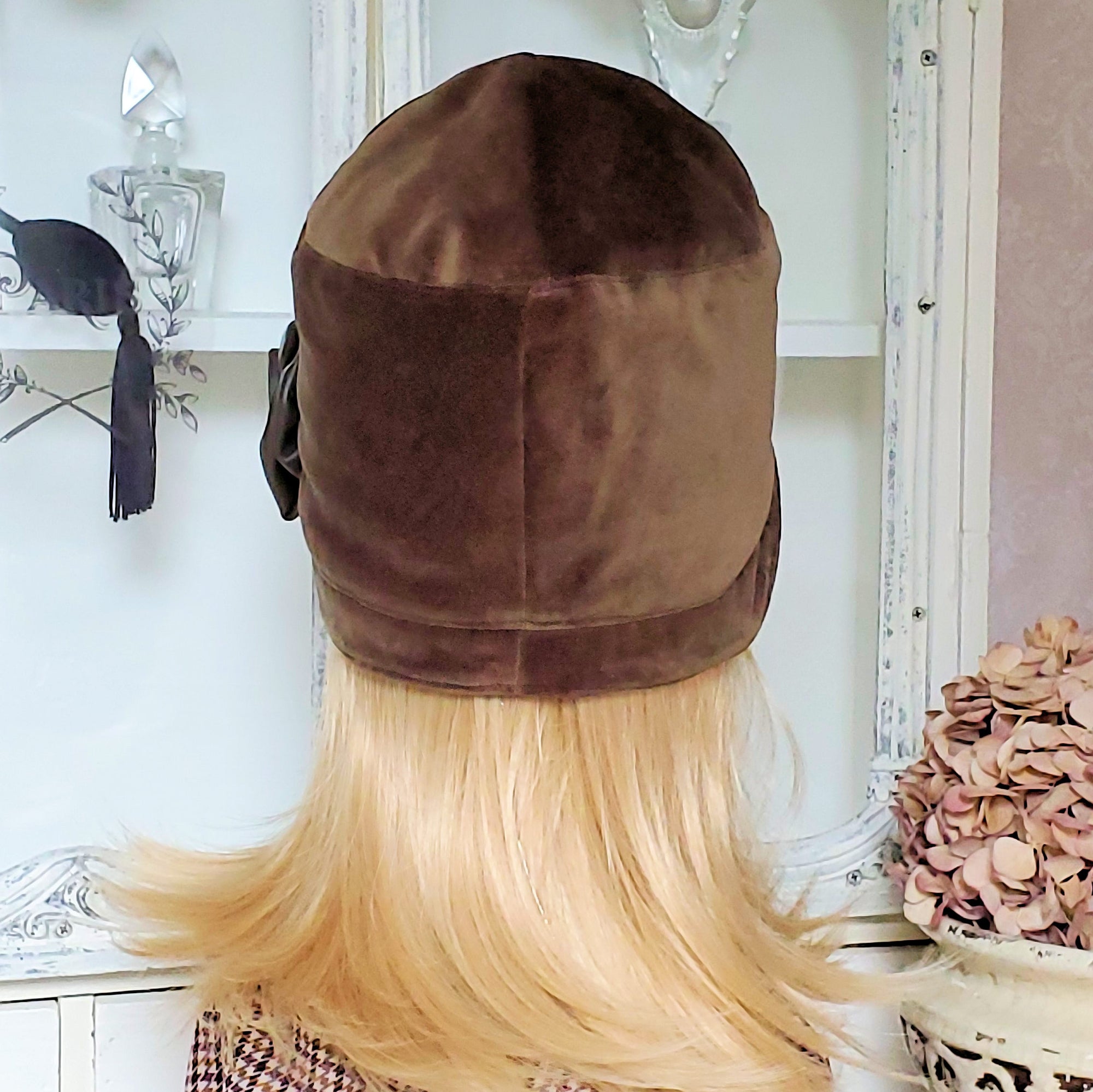 Rear view of handmade hat with center back seams.