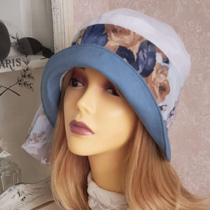 White and Blue Summer Linen Cloche with Coordinating Floral Scarf Trim