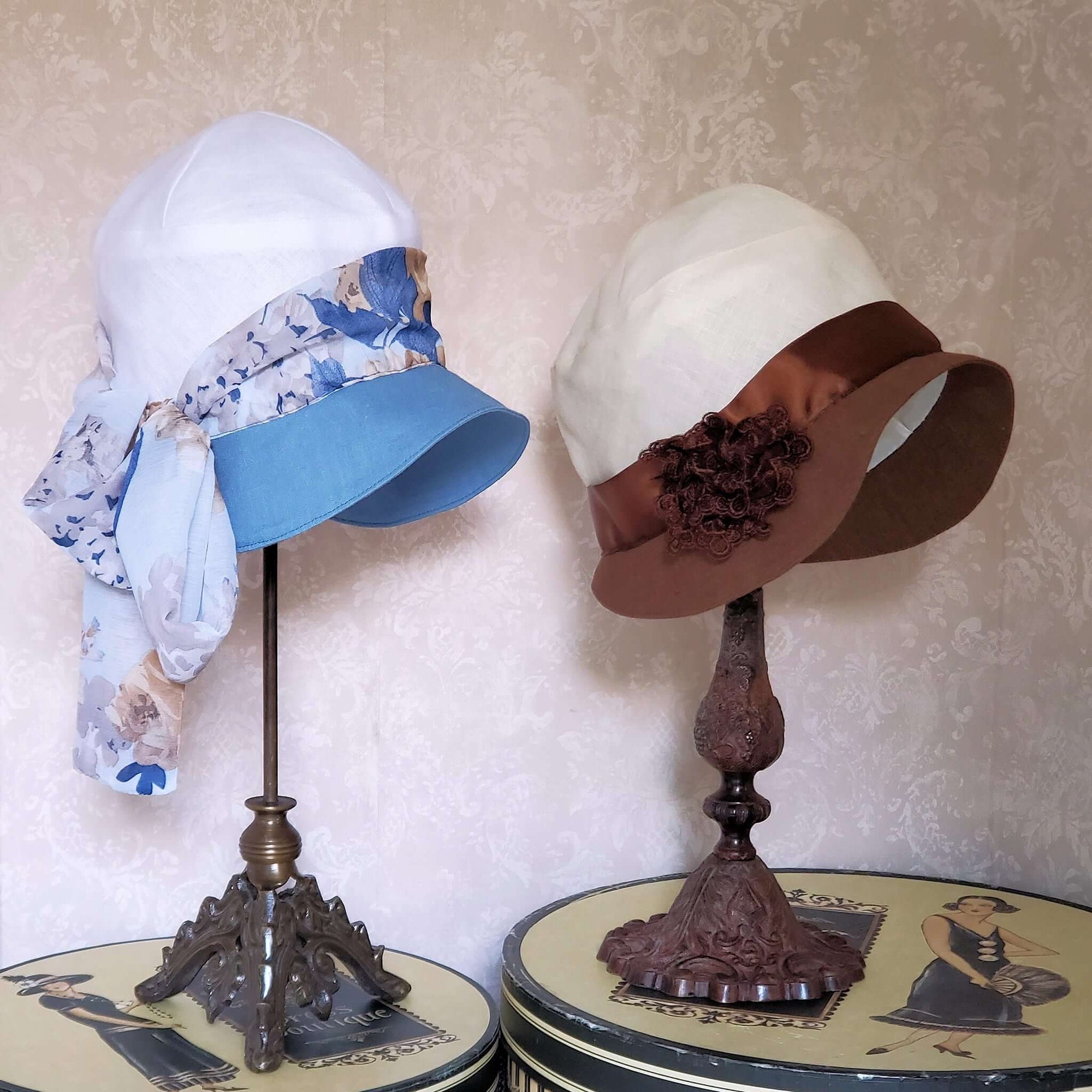 Vintage Cloche Hats for Summer in Blue and White, and Brown and White