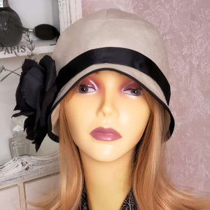 Sand Linen Summer Cloche with Black Edging and Trimmed with Black Ribbon and Black Rose