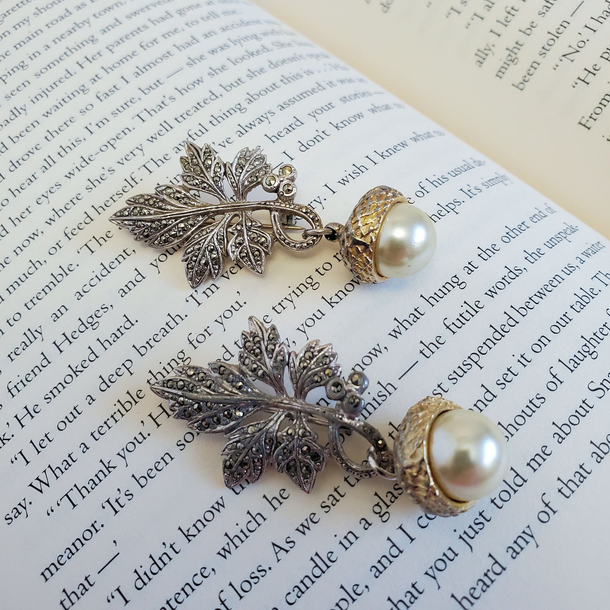Silver-tone Leaf Duet brooches with Gold-tone Acorn Accents
