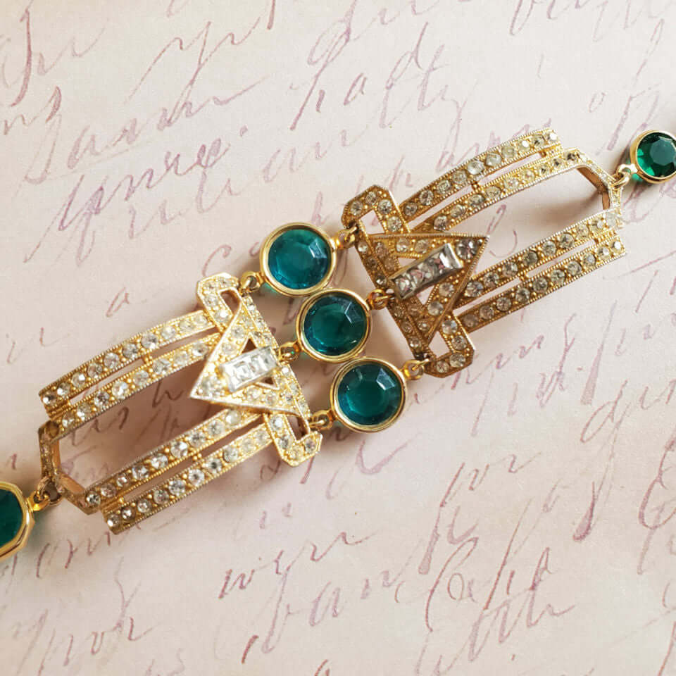 Art Deco Style Bracelet with Green Costume Gemstones