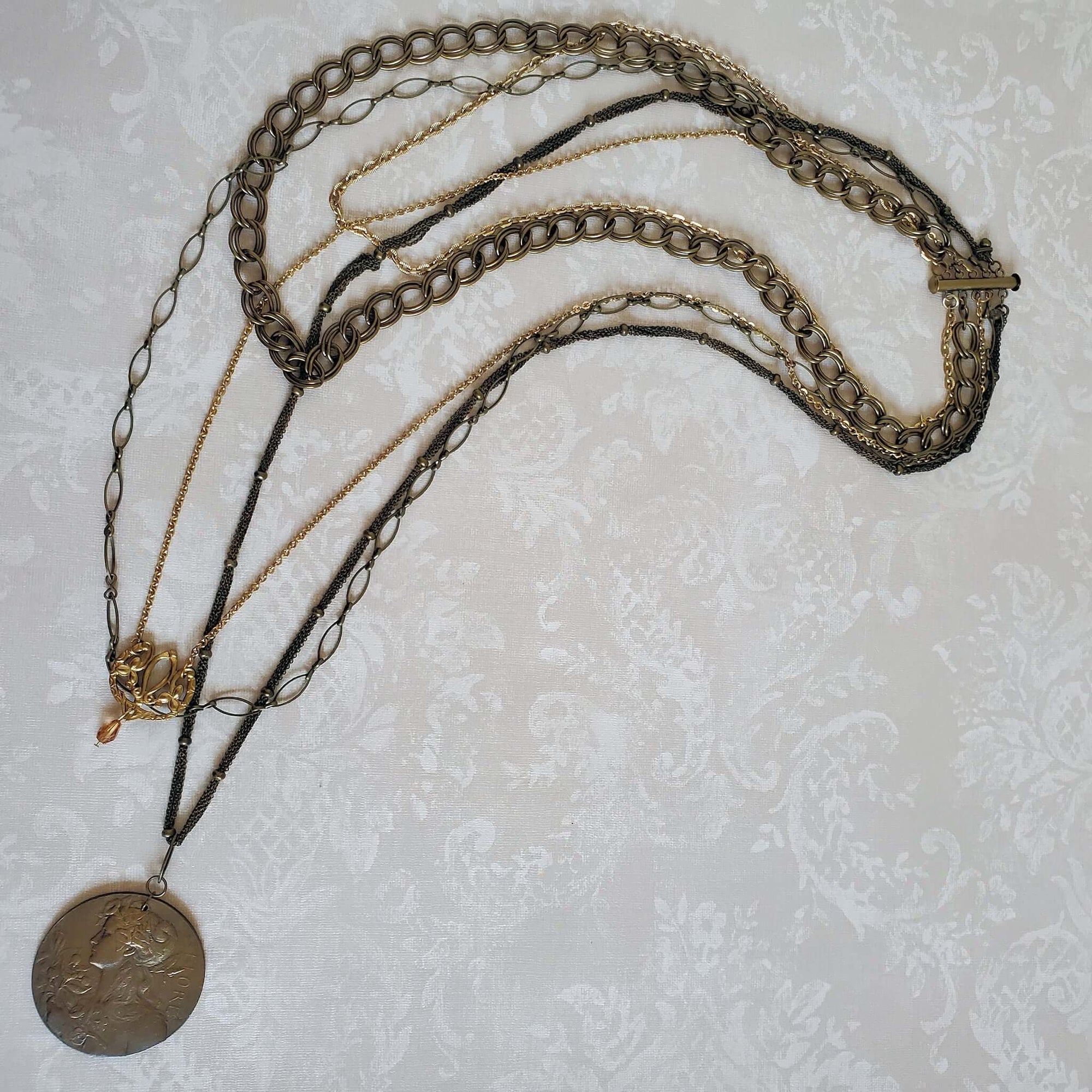 Art Nouveau Style Goddess Brass Medal Necklace