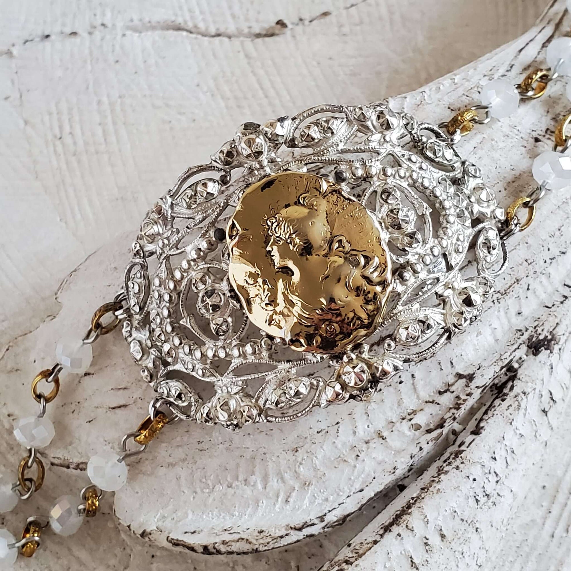 Antique Silver Buckle Cuff Bracelet with Goldtone Portrait Pendant