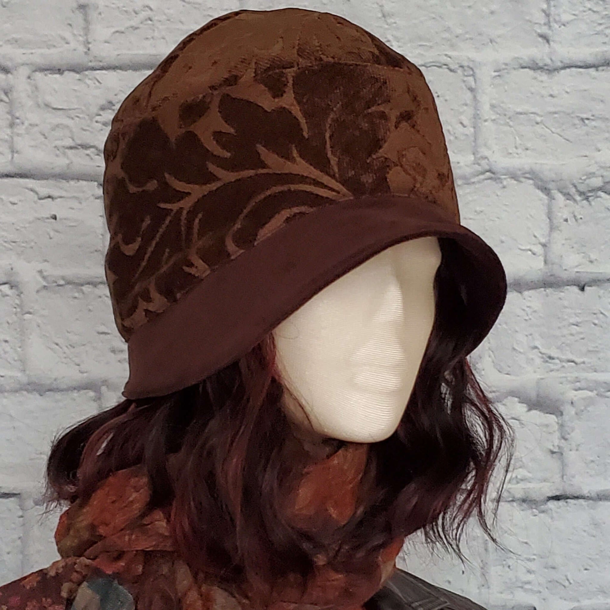 Brown Velvet Cloche with Acanthus Leaf Pattern Crown