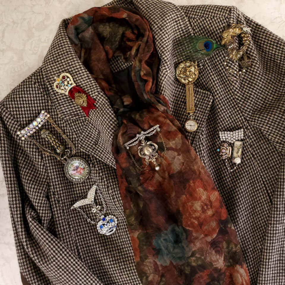 A collection of vintage styled, one of a kind brooches. Made from a variety of vintage and antique components.