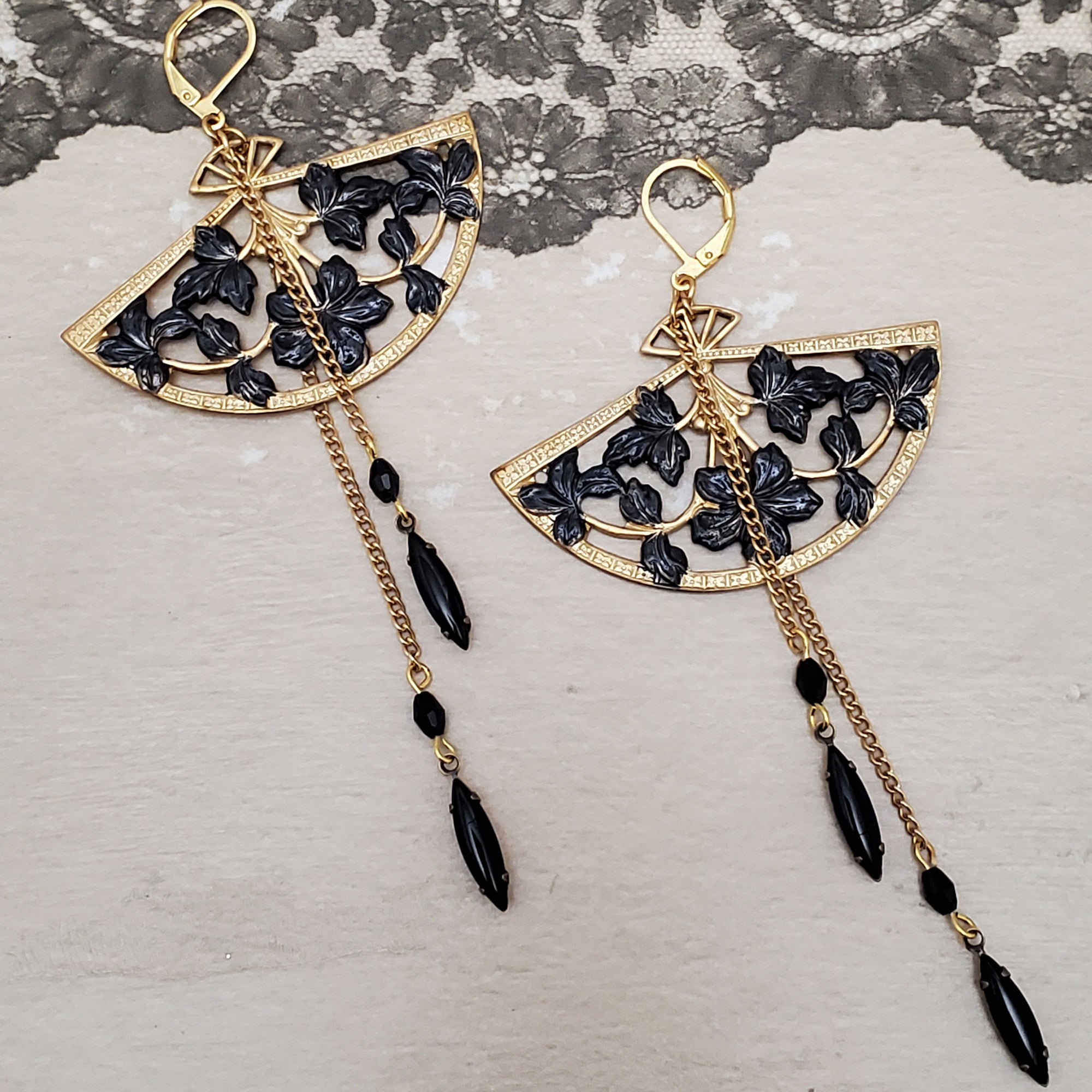 Black and Gold Floral Fan Earrings with Chain Accents finished with black gemstone drops