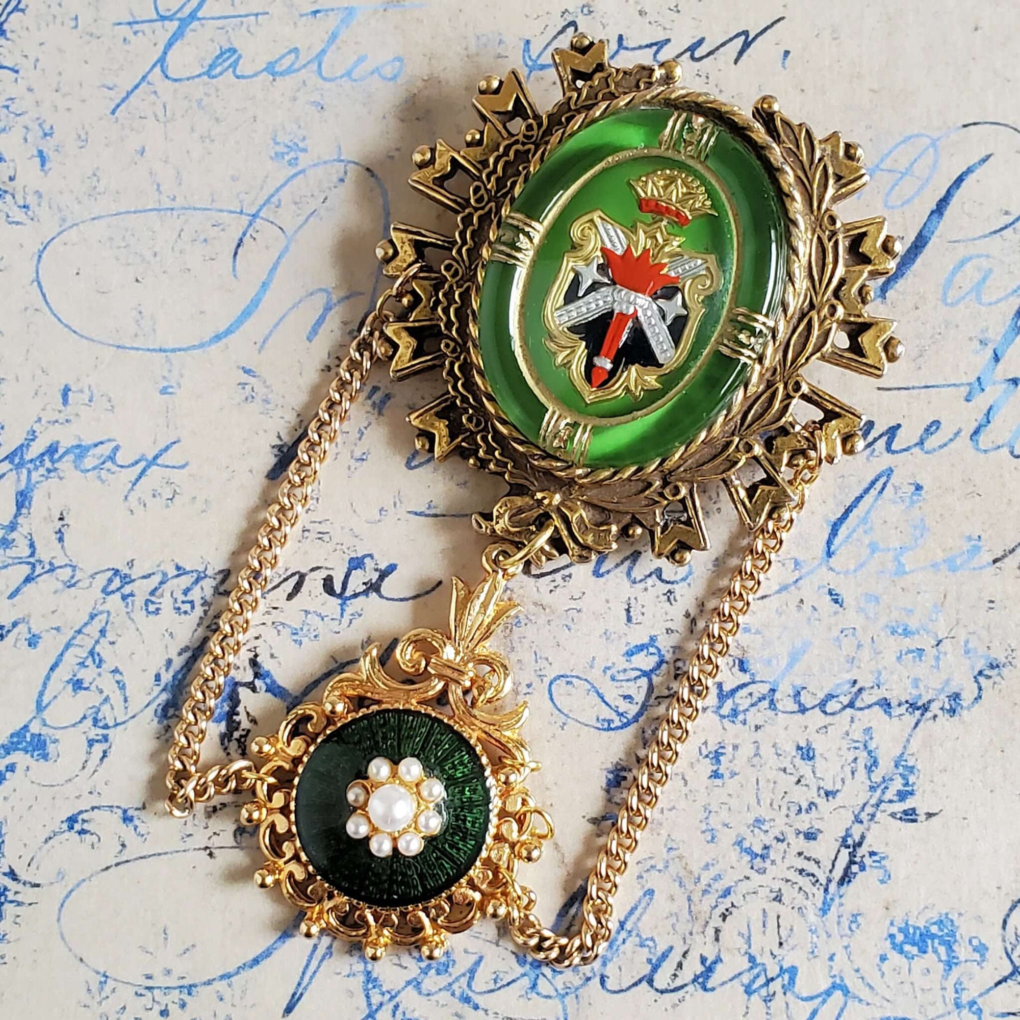 Dual Green Pendant Brooch with Chains