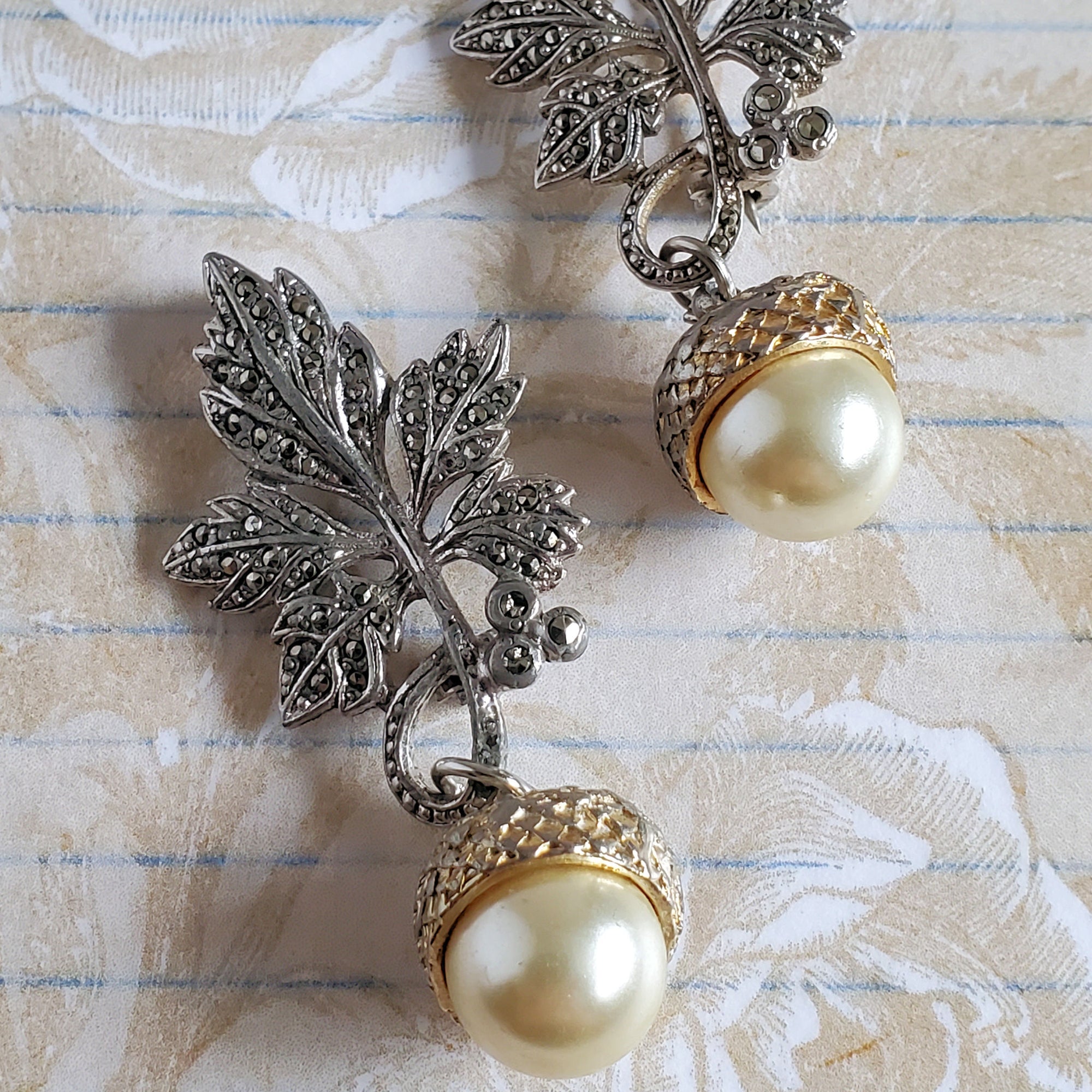 Marcasite Leaf Duet Brooches with Pearl Acorns