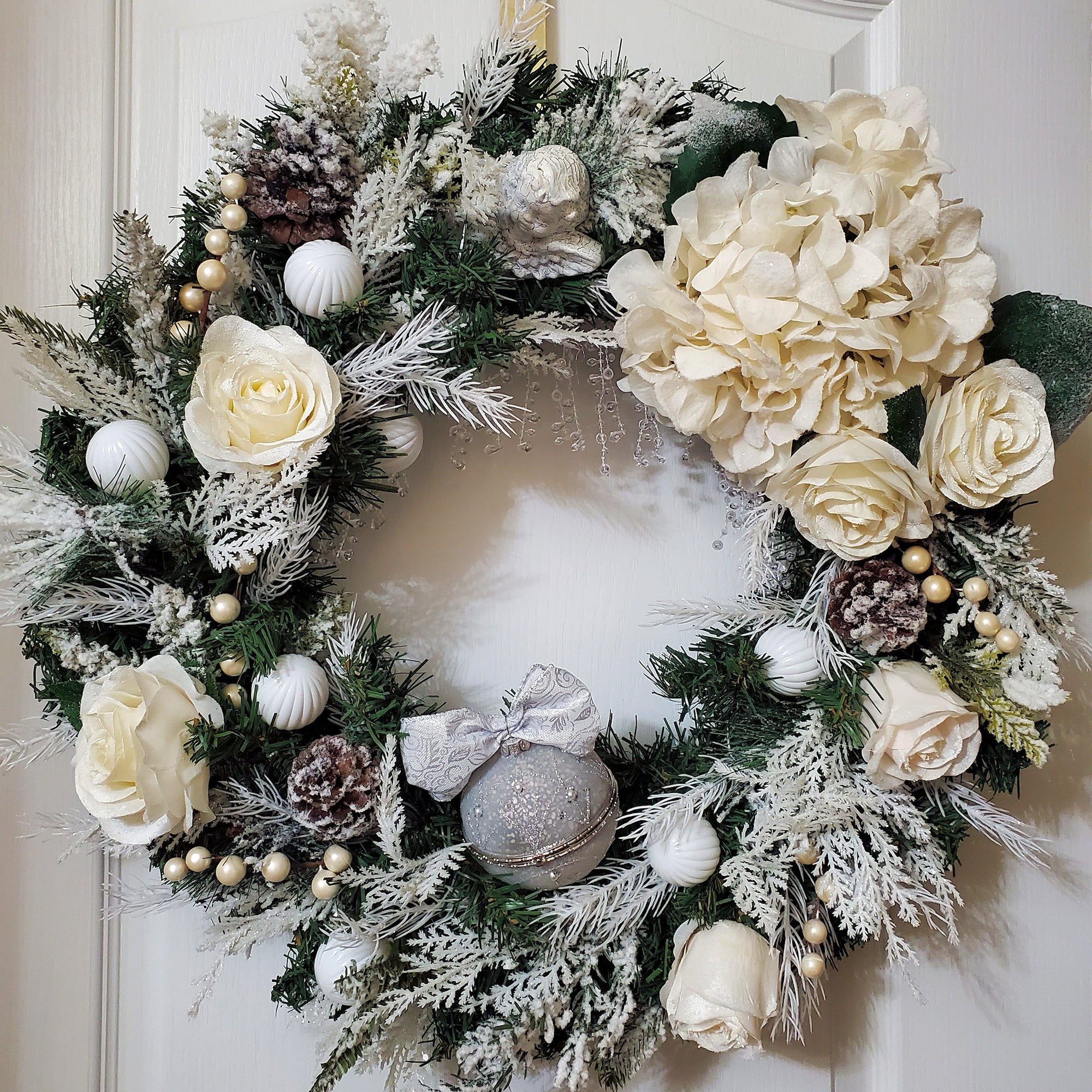 Floral Christmas Wreath with Snow Dusted Roses and Hydrangea