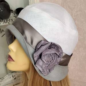 White Linen Cloche with Grey Brim and Grey Ribbon Trim finished with a grey taffeta Rose