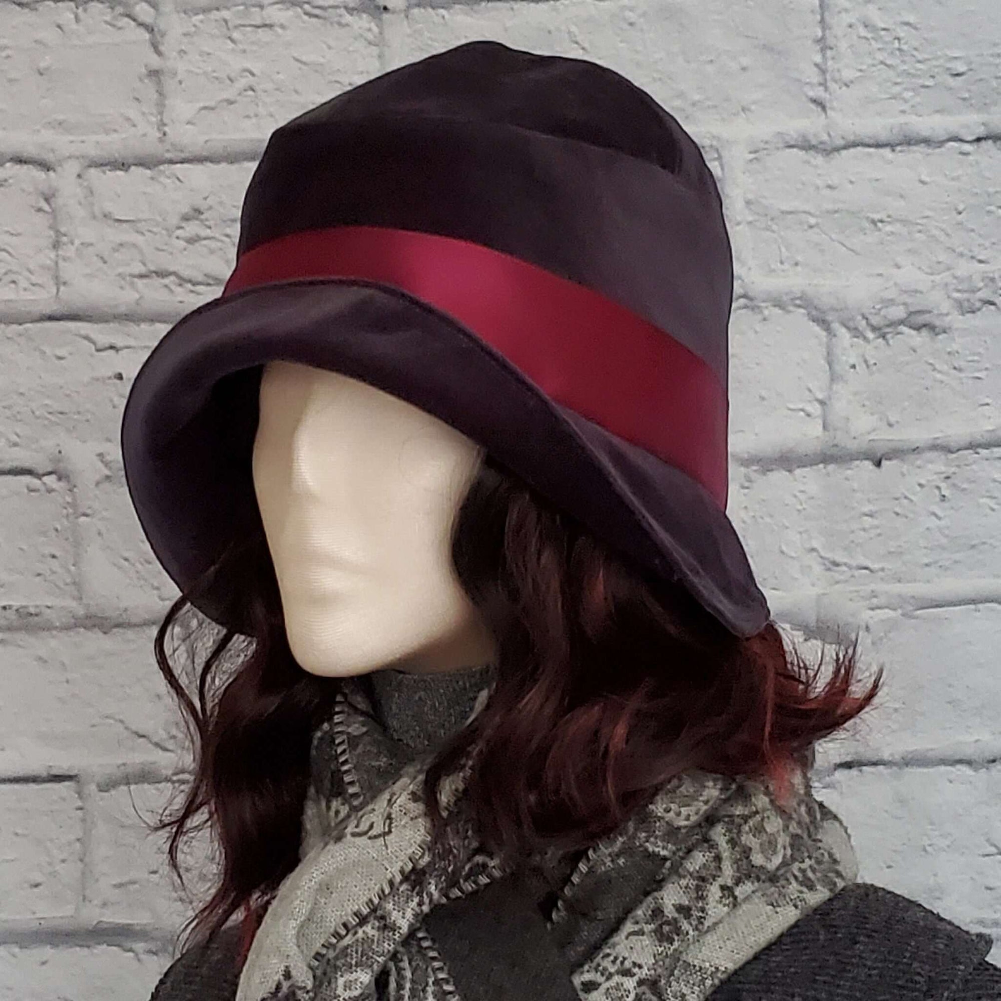 Grey Velvet Cloche Hat with Burgundy Satin Ribbon Trim and Bow