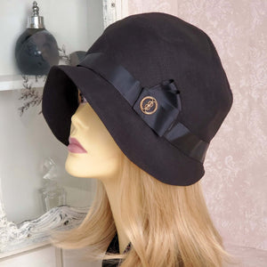 Black Linen Cloche Hat trimmed with Black Ribbon and a Vintage Button