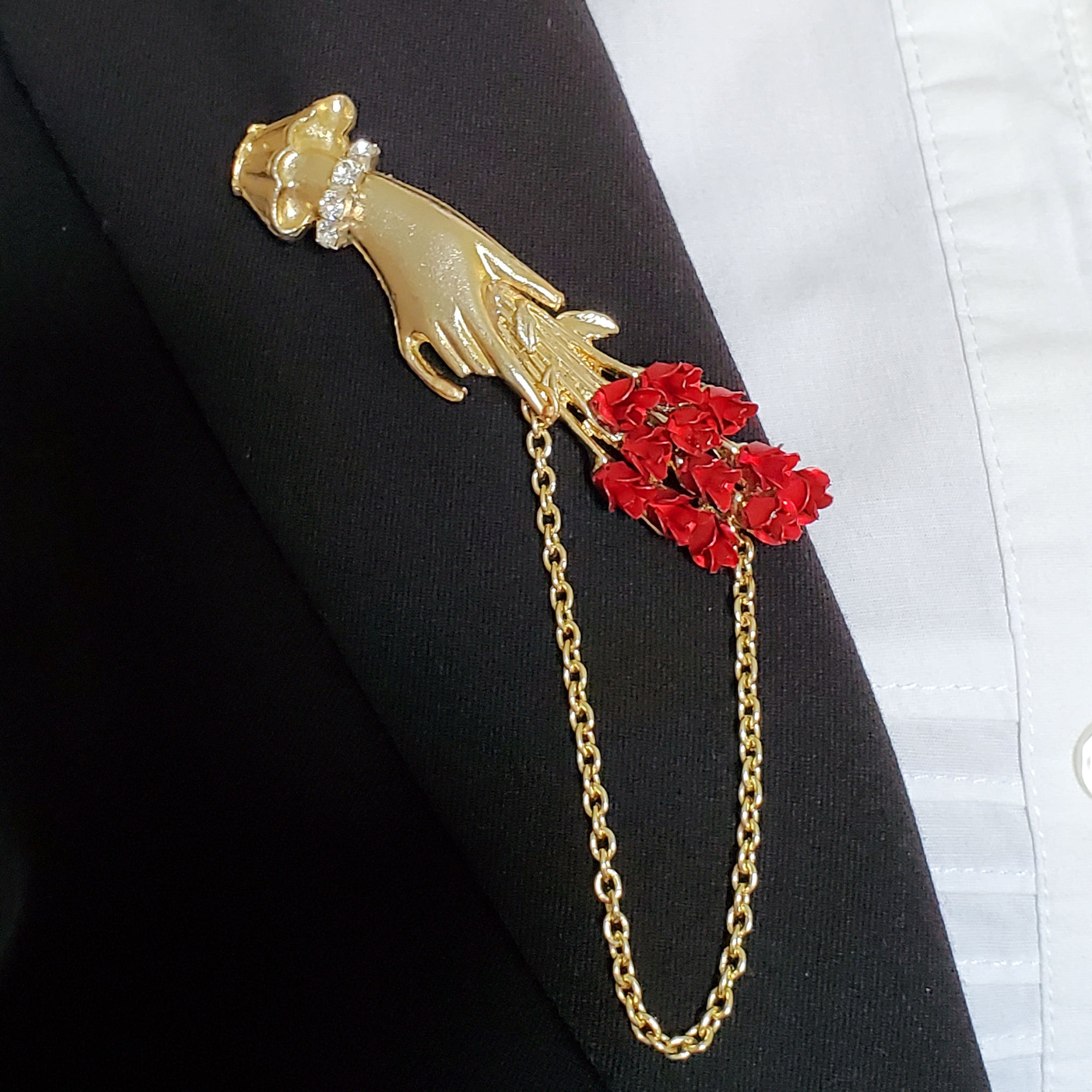 Victorian Style Hand Brooch with Red Roses