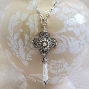 Vintage Cross Pendant Necklace with Pearl Tassel