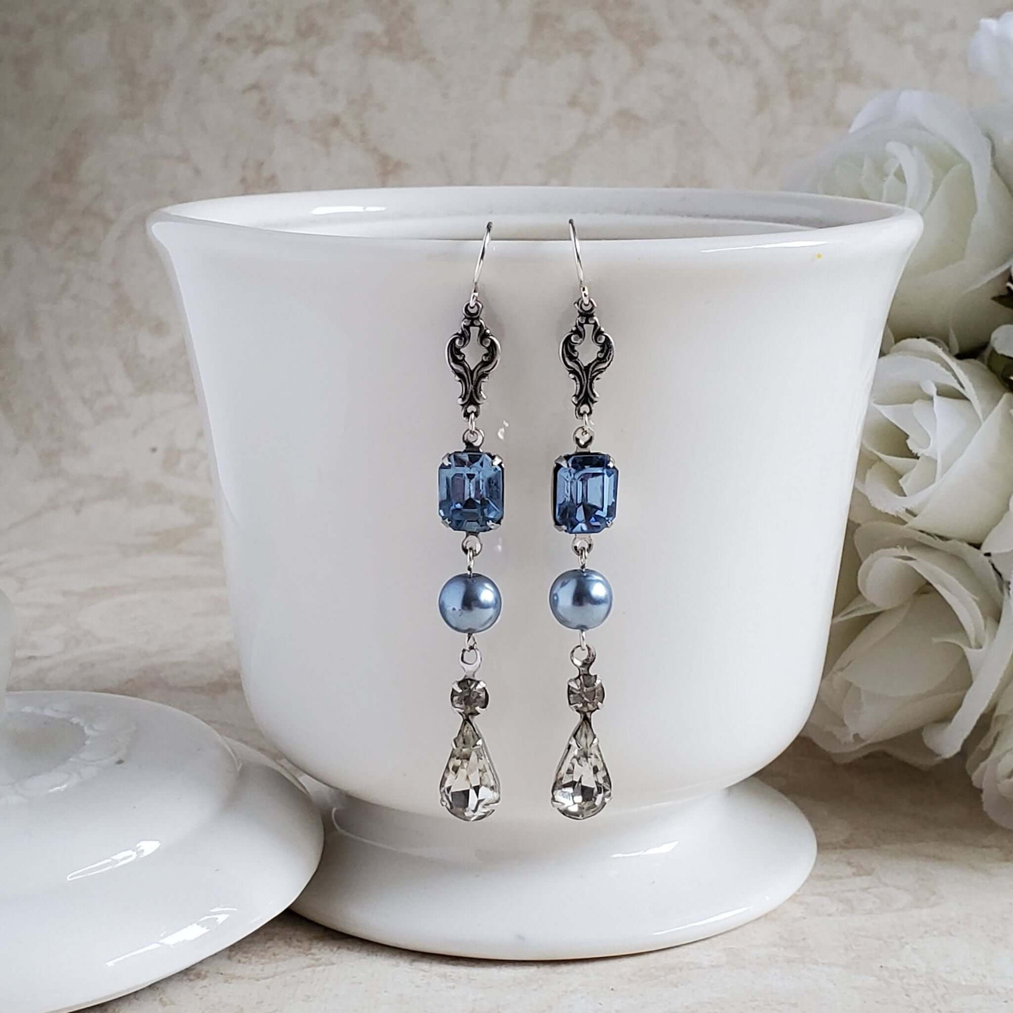 Crystal Teardrop Vintage Bridal Earrings with Blue Pearls and Accents