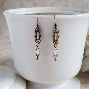 French Art Nouveau brass Earrings with Crystal Drops
