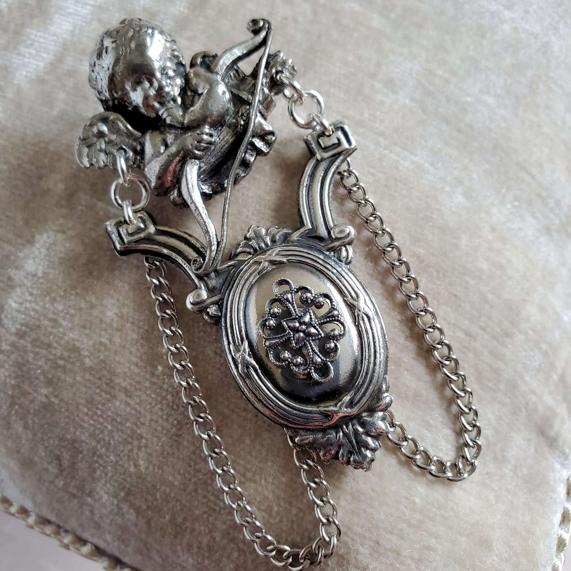 Cupid Brooch with Embellished Door Knocker Handle and Chain