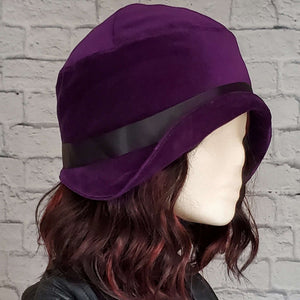 Purple Velvet Vintage Style Cloche Hat with Black Satin Ribbon Trim
