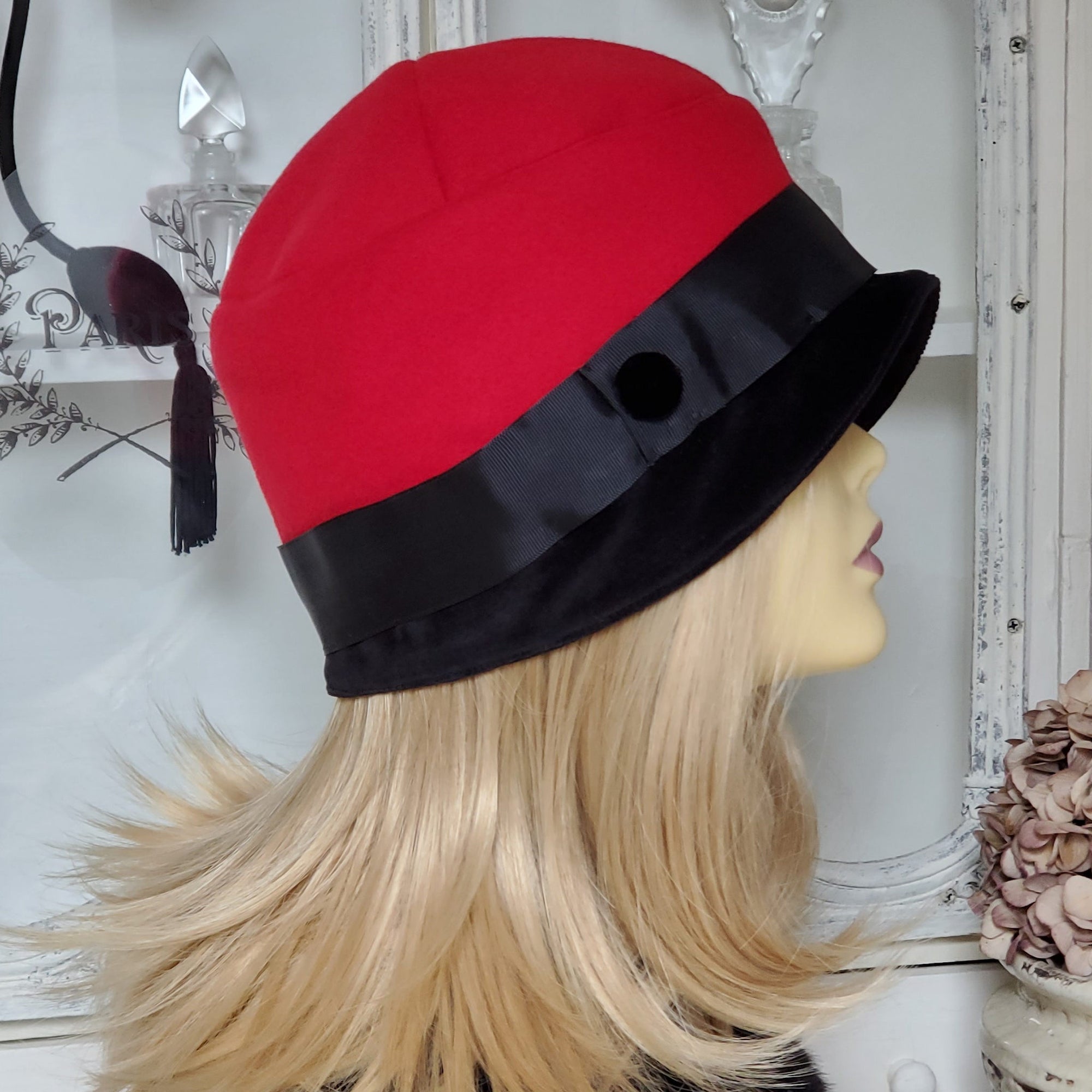 Red Felt Cloche Hat with Black Velvet Brim