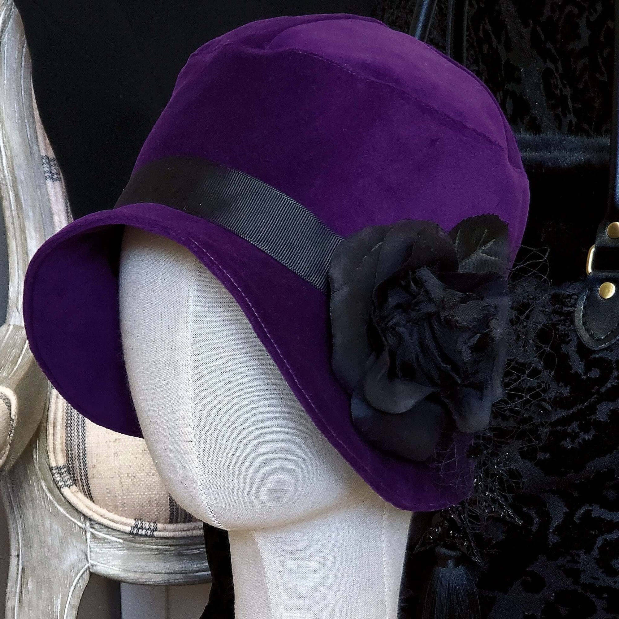 Purple Velvet Cloche Hat with Black Details