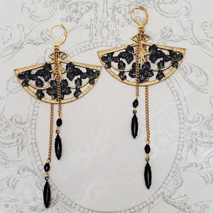Black and Gold Fan Statment Earrings