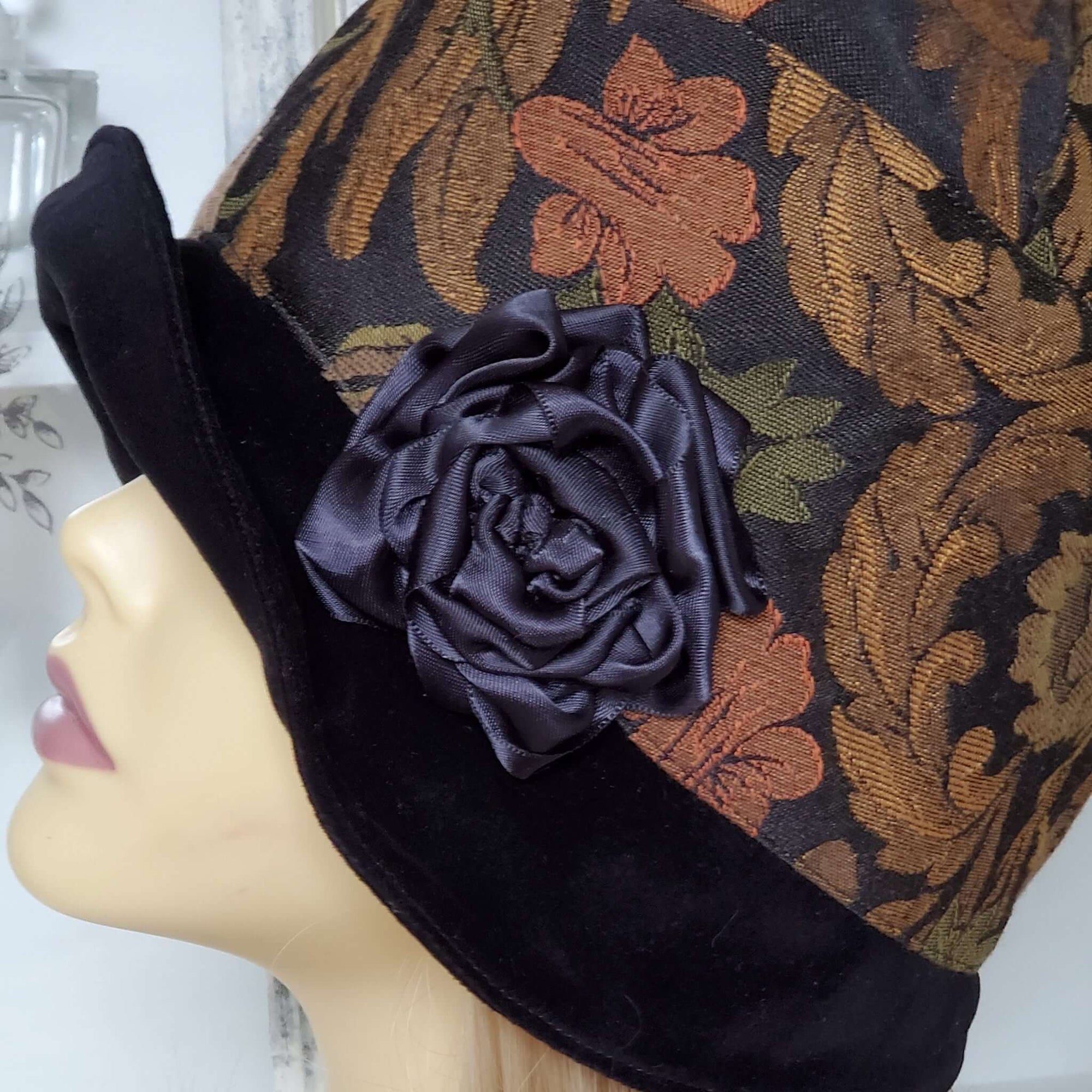 Hand wrapped Black Satin Rose Detail 