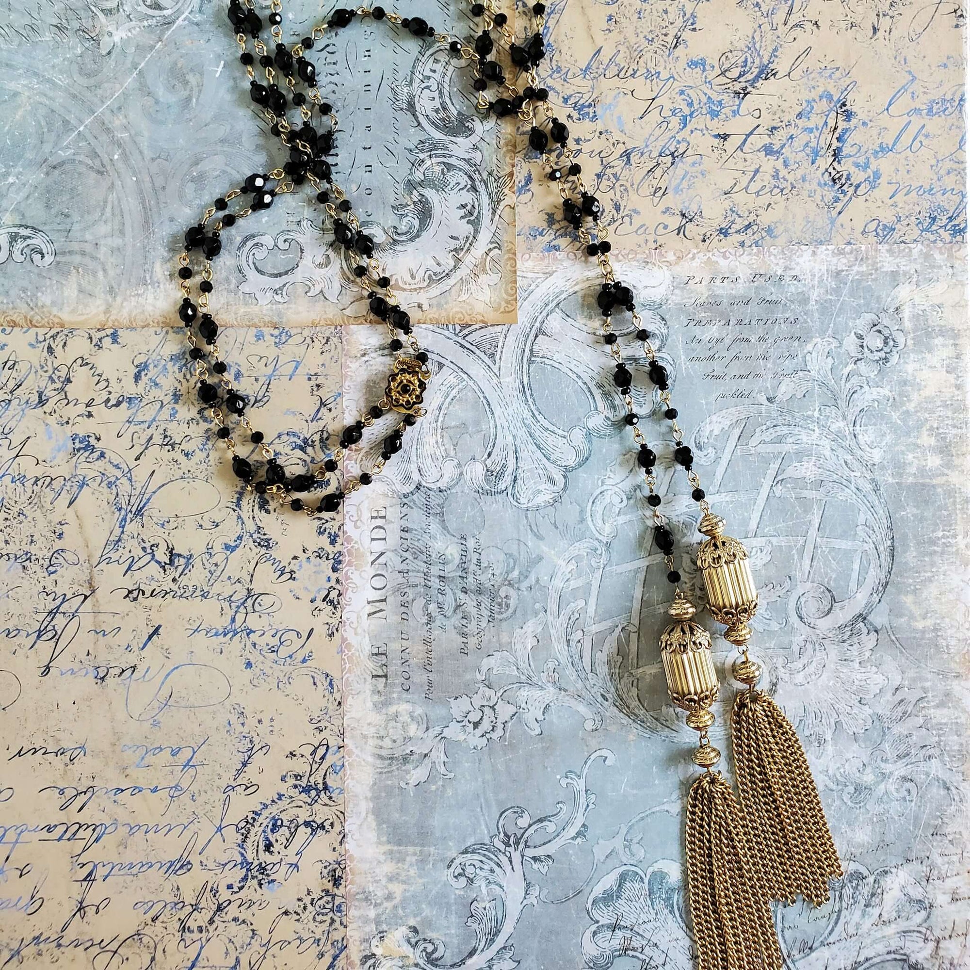 Long Black and Gold Tassel Necklace