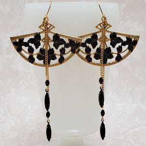 Black and Gold Floral Fan Earrings