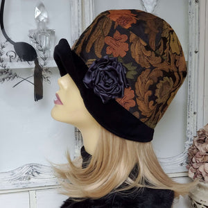 Flapper Style Hat with Floral Crown and Black Velvet Brim