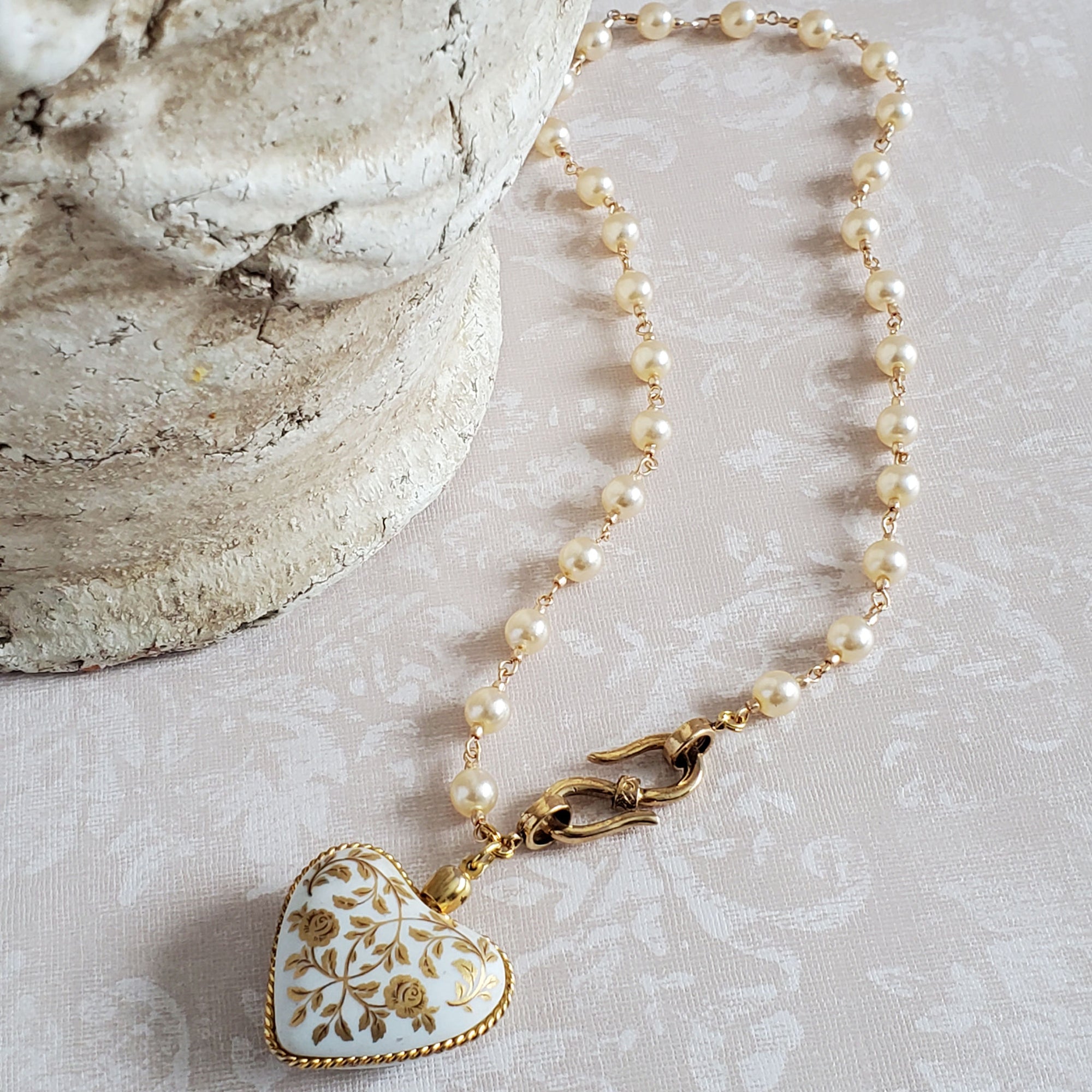 Porcelain Heart Pendant with Gold Rose Motif