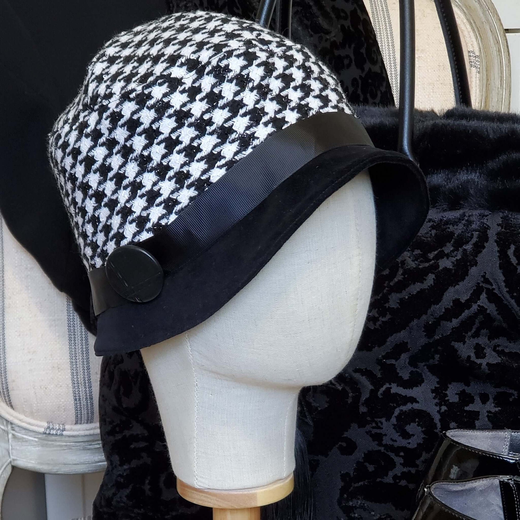 Houndstooth Cloche with Vintage Button Detail