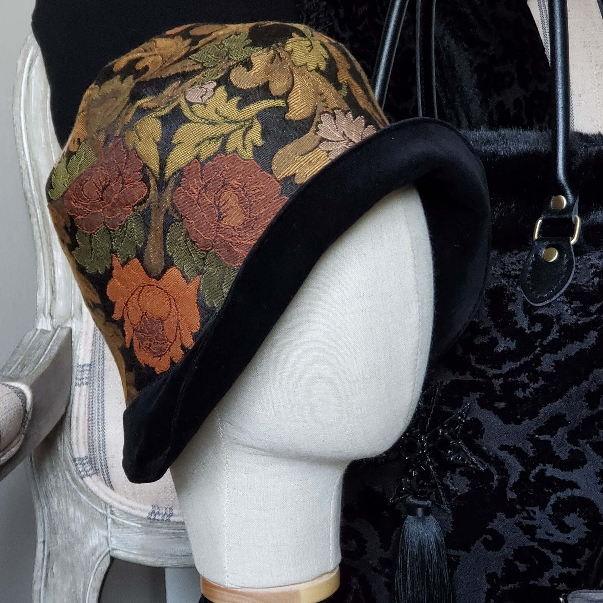Fall cloche with a Turned Up Black Velvet Brim