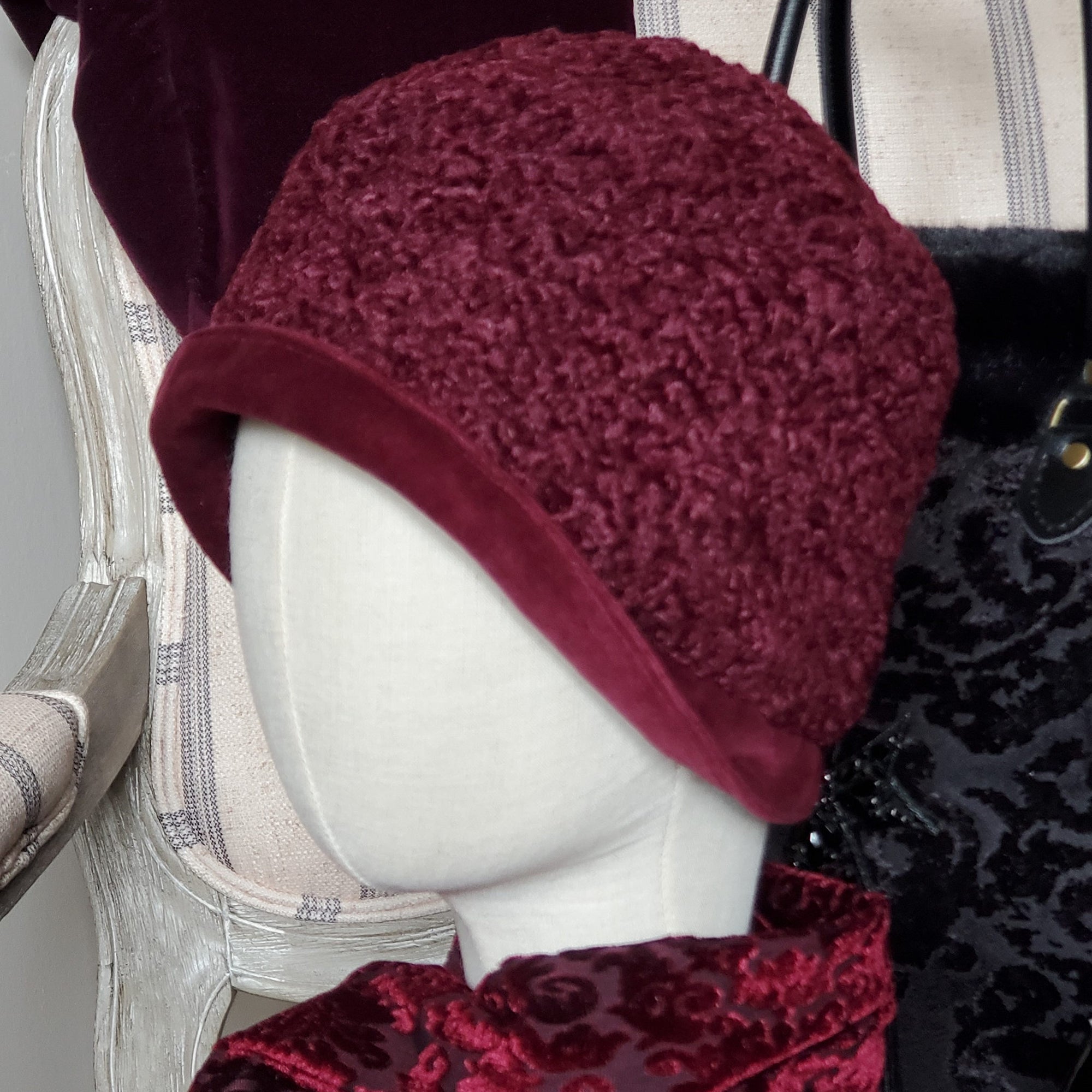 Vintage Womens Hats 1920s with a brim that can be turned up with a matching burgundy scarf.