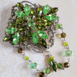 Large Crystal Brooch created with Two Shades of Geen Crystals