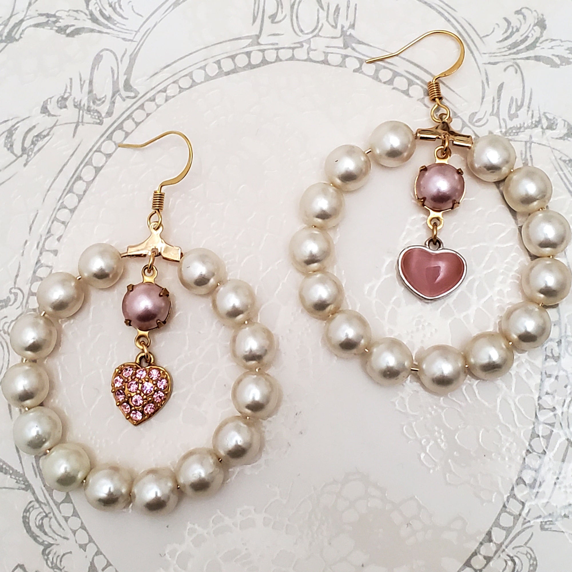 Large Pearl Hoop Earrings with Pink Heart Charms