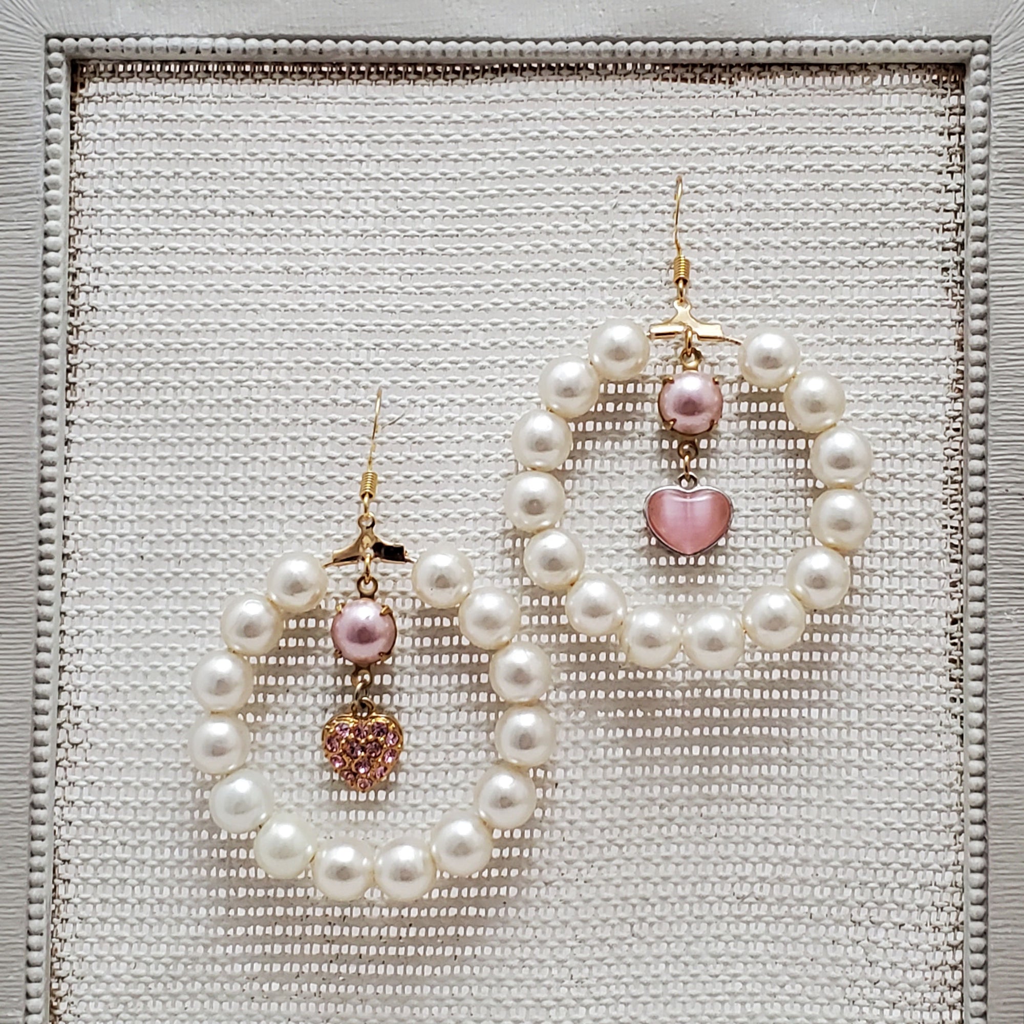 Large Faux Pearl Hoop Earrings with Pink Heart Charms