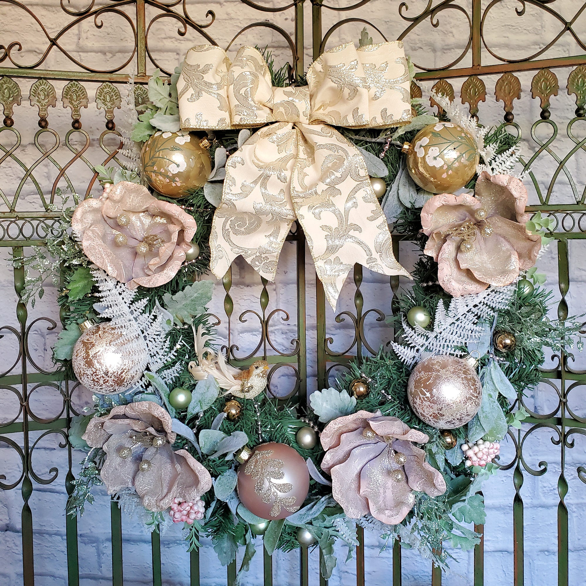 Luxury Christmas Wreath with Large Ivory and Gold Wired Bow