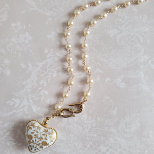 Womens Pearl Necklace with Porcelain Heart Pendant