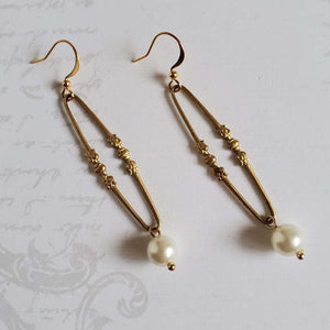 Edwardian Brass Oval Rings with a Vintage Pearl Drop Bridal Earrings