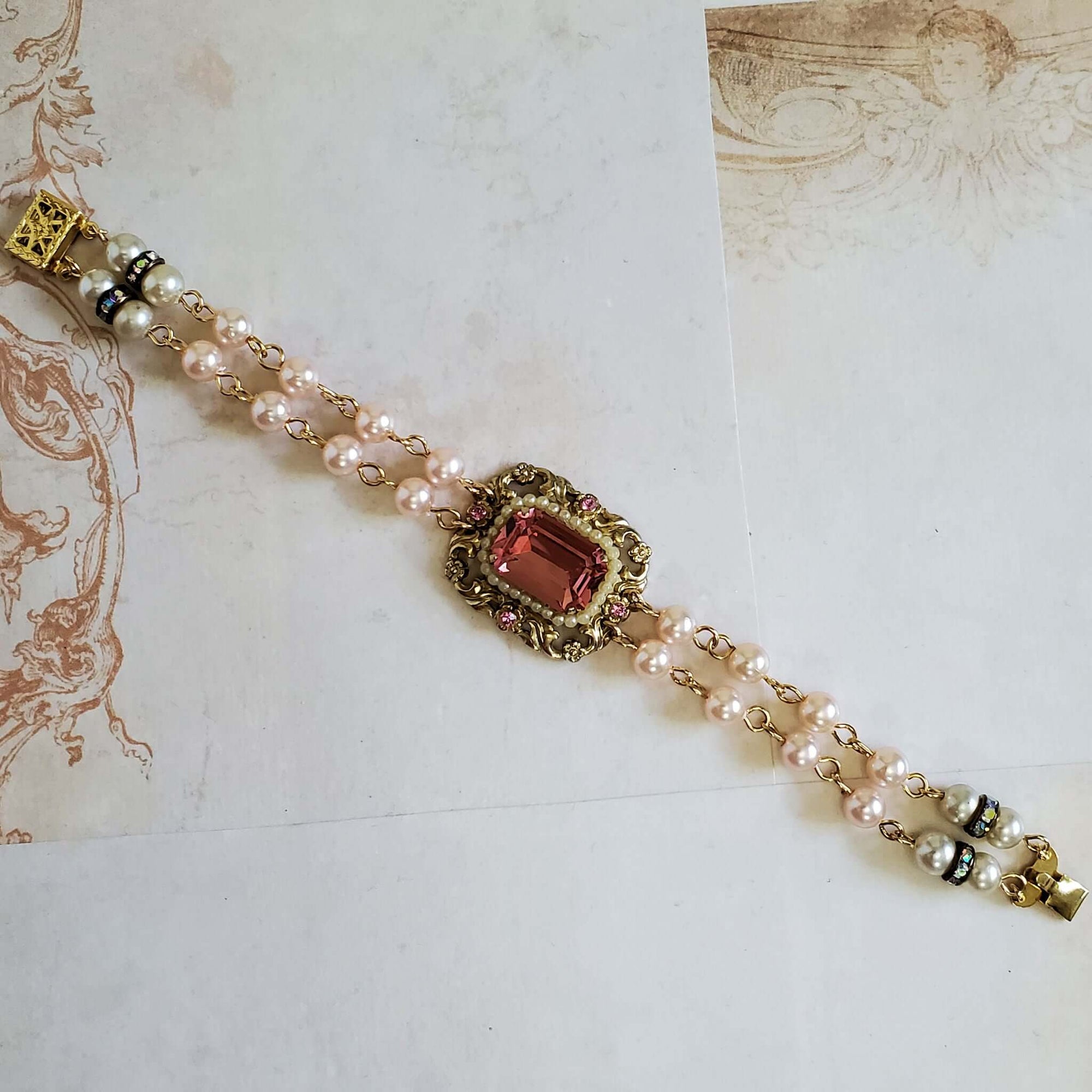 Pink Pearl and Crystal Pendant Wedding Bracelet