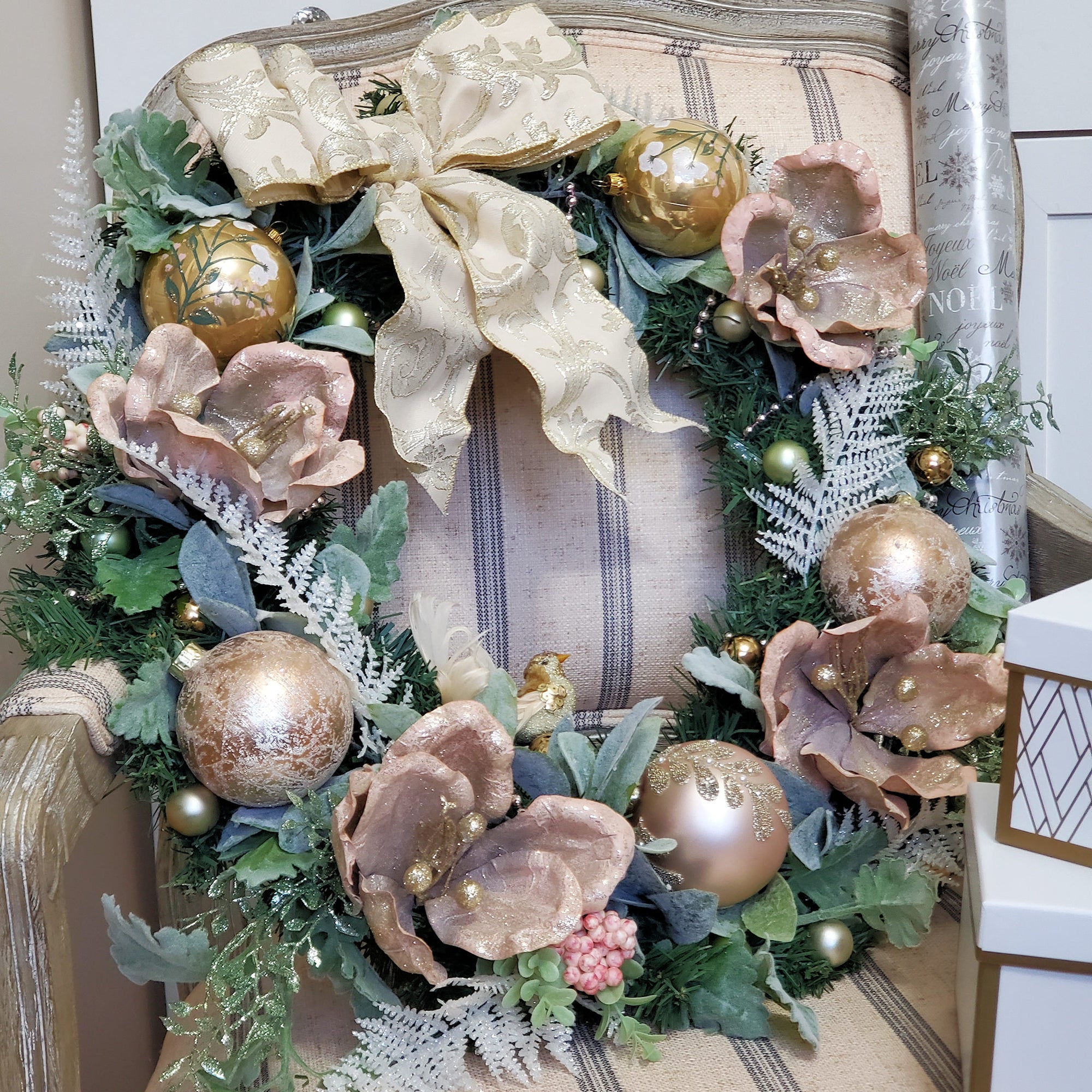 Pink Christmas Wreath with Gold and Pink Ornaments, White Fern Leaves, Lambs Ear, Dusty Miller and Glittering Green Vines