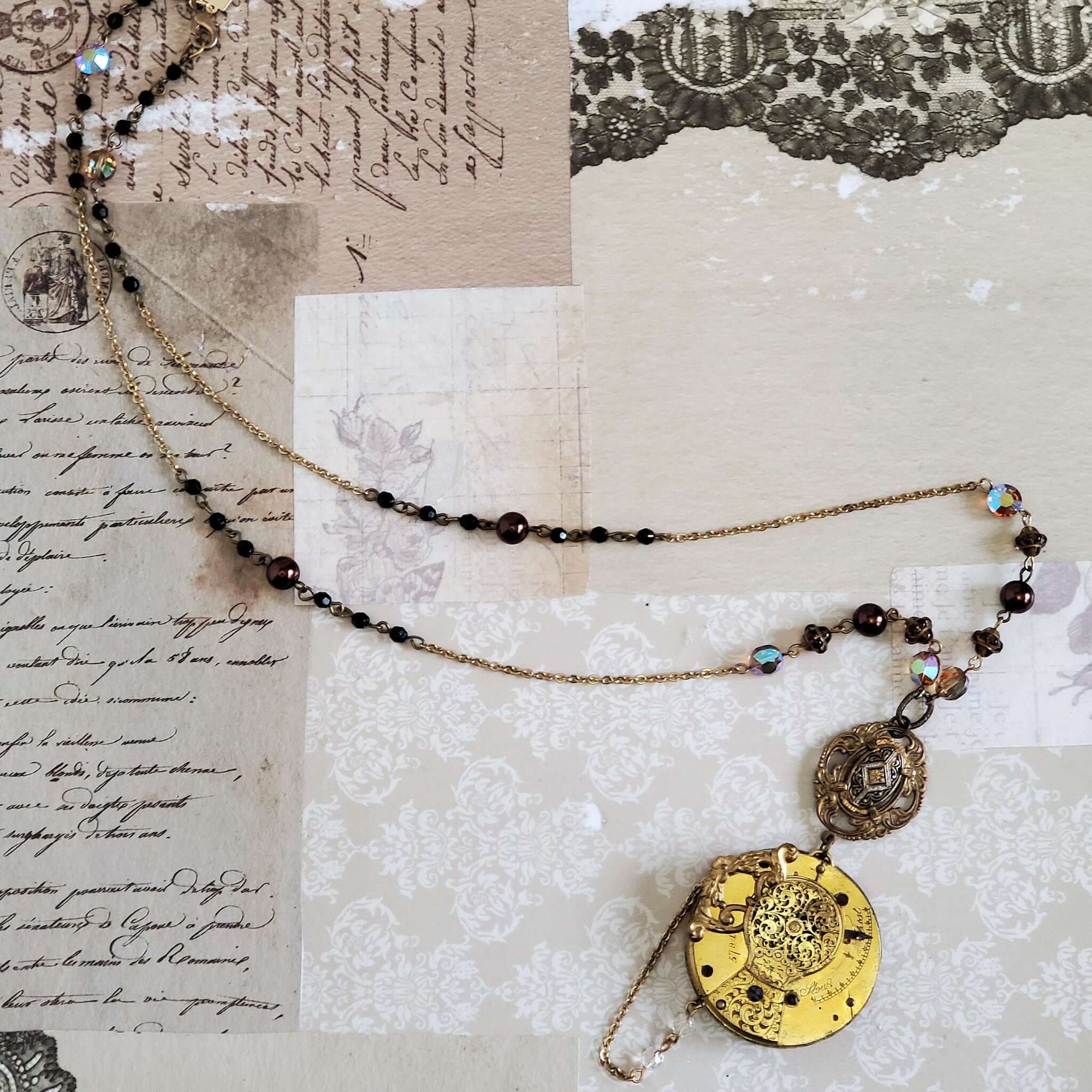 Repurposed Antique Watch Pendant Necklace with Vintage Beads and Chain