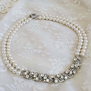 Two Strand vintage Pearl Necklace with Crystal Floral Collar